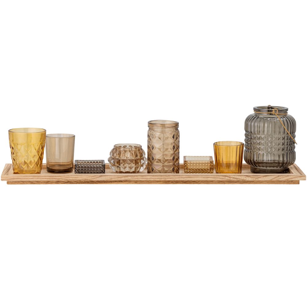 Teelichthalter mit Tablett SANGA, 9er-Set, braun, Glas, Bloomingville