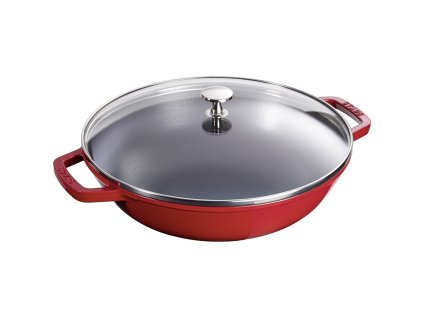 Wok 30 cm, med glasskydd, körsbär, gjutjärn, Staub