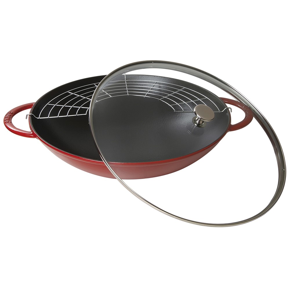 Wok 37 cm, med glaslock, körsbär, gjutjärn, Staub