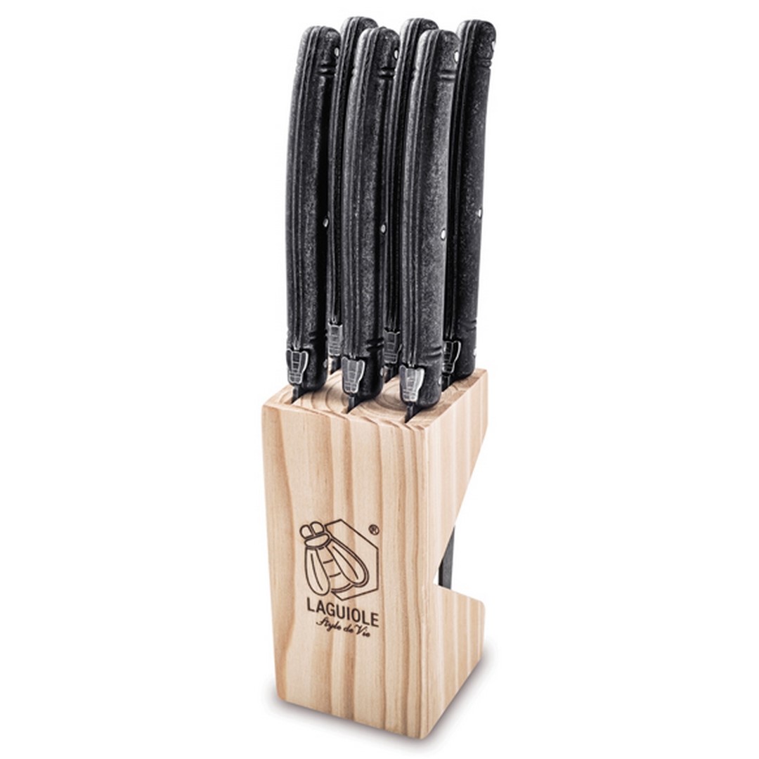 Köttknivset PREMIUM, 6 st, med block, svart, Laguiole