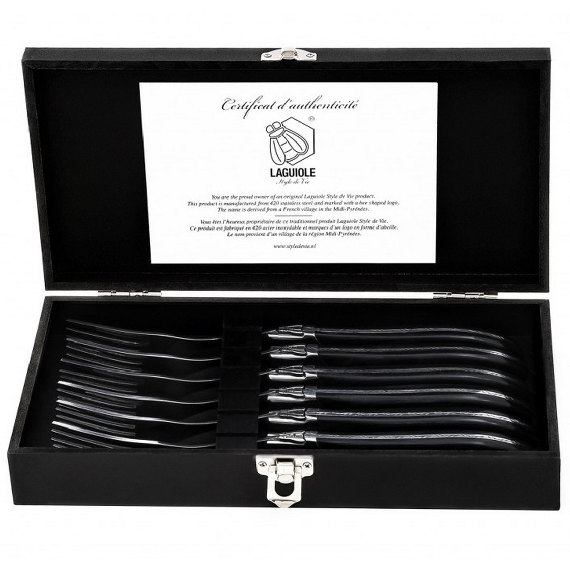 Köttgaffelset LAGUIOLE LUXURY, 6 st, svart, ebenholtshandtag, Laguiole