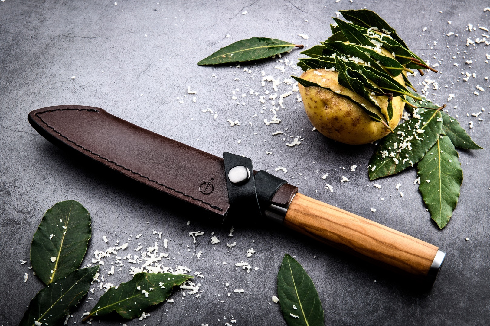 Knivslida till Santoku-kniv 14 cm, läder, Forged