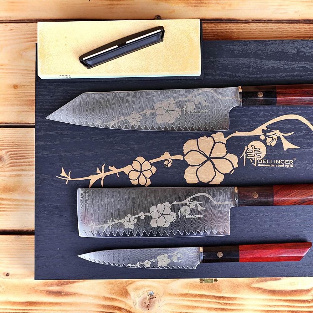 Japansk knivset JOSHI SAKURA, 4 st, med slipsten, presentask, Dellinger