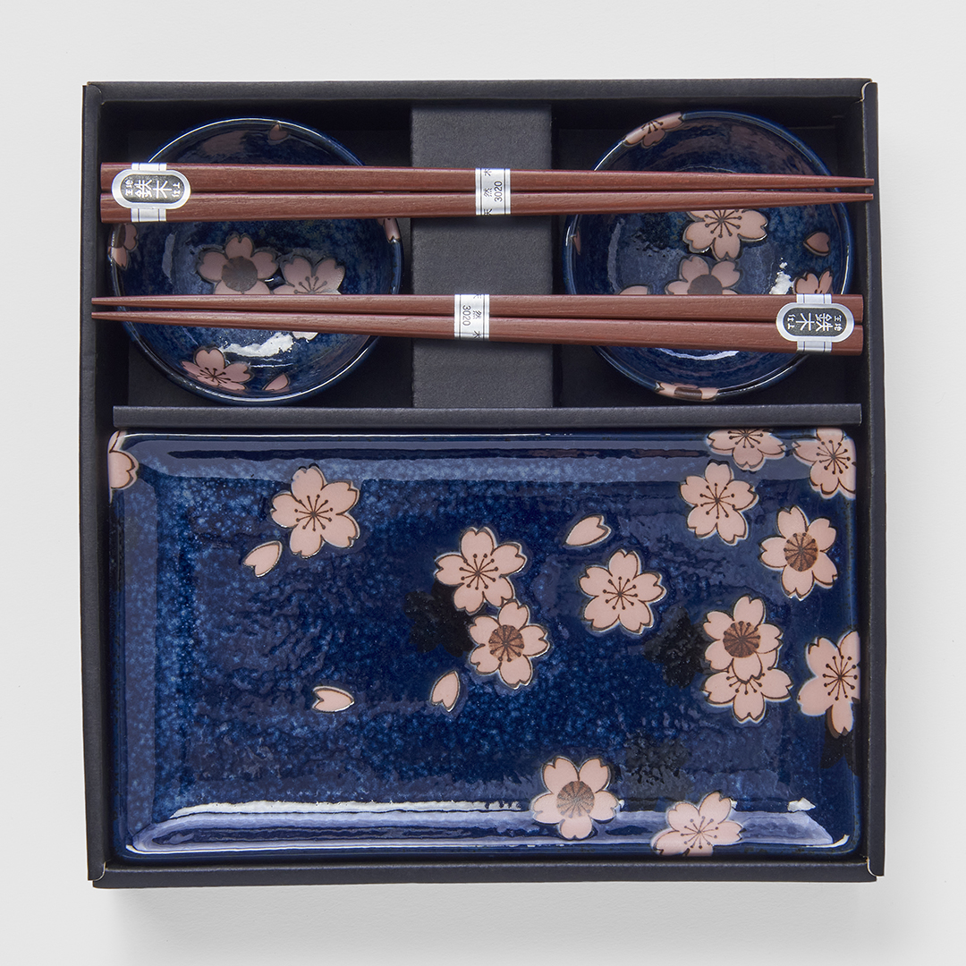 Sushiset med ätpinnar NAVY WITH PINK SAKURA, 4 st, MIJ