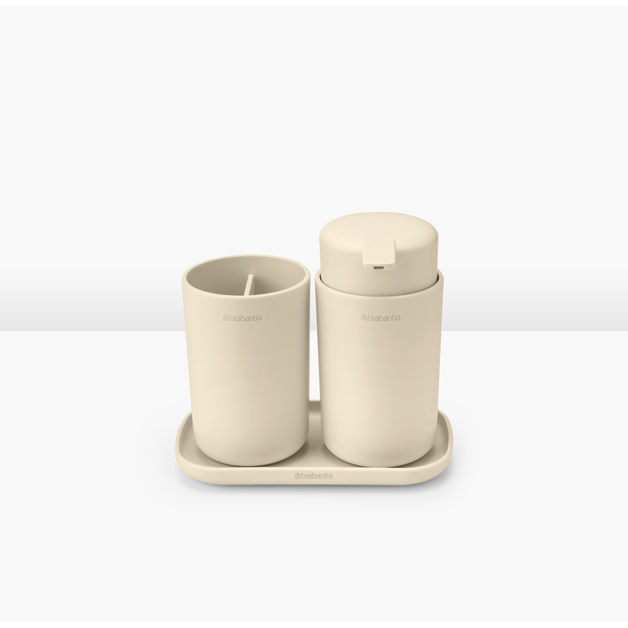 Dispenser för flytande tvål och tandborstkopp i set RENEW mjuk beige, Brabantia