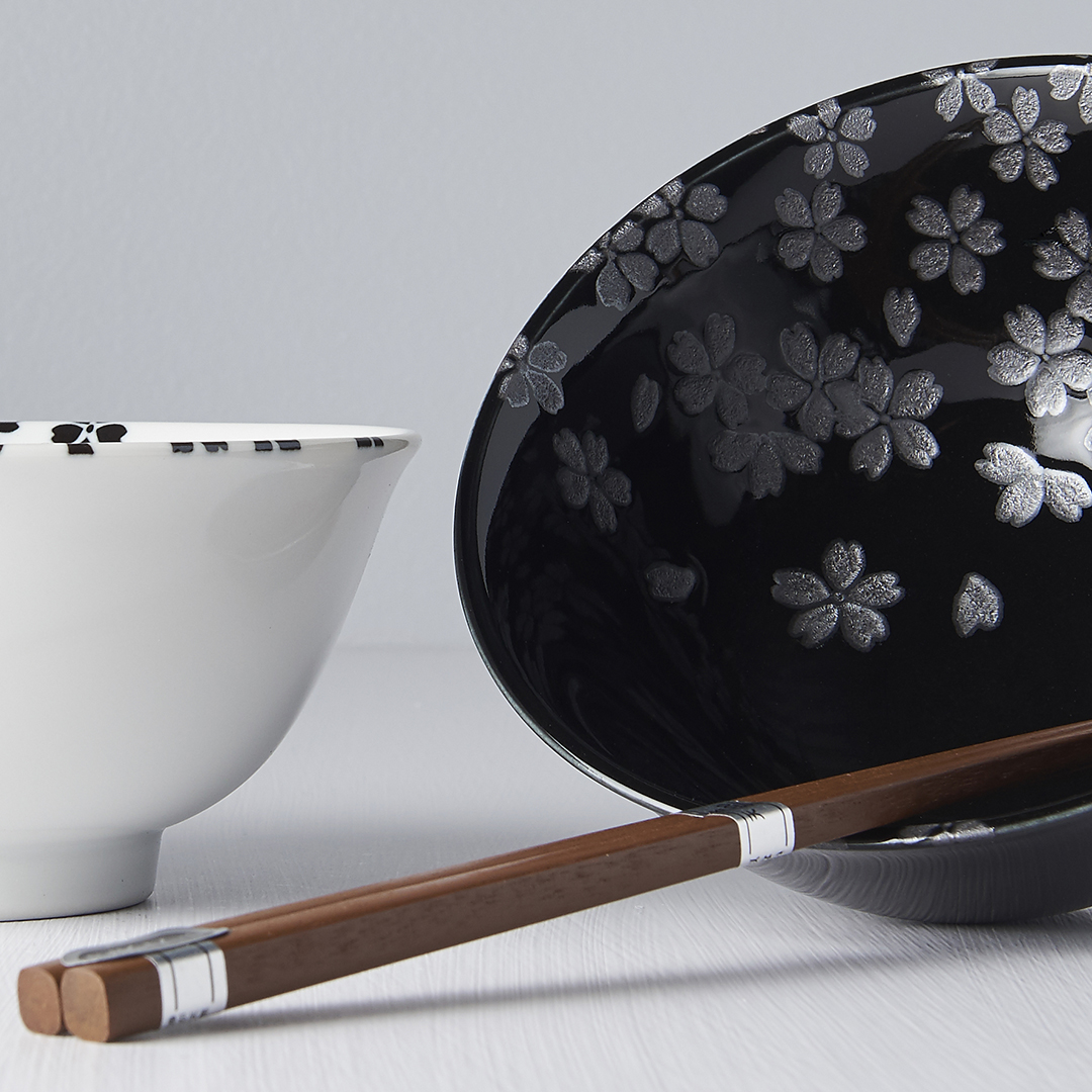 Matskål SILVER SAKURA, set i 2 delar, 500 ml, med ätpinnar, MIJ