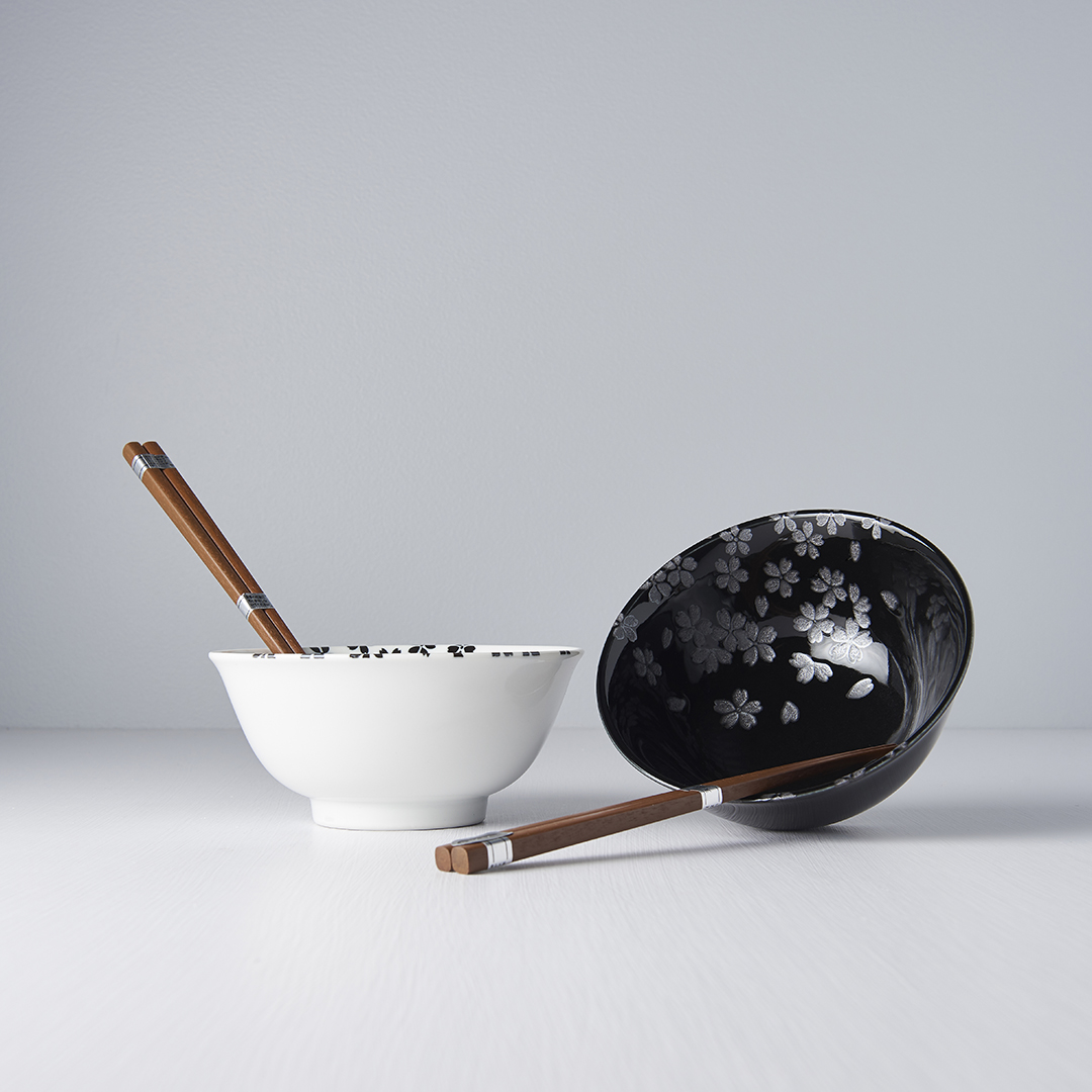 Matskål SILVER SAKURA, set i 2 delar, 500 ml, med ätpinnar, MIJ