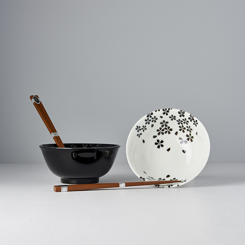 Matskål SILVER SAKURA, set i 2 delar, 500 ml, med ätpinnar, MIJ