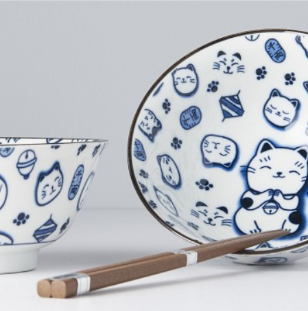 Skålar i set med ätpinnar MANEKI CAT BLUE MIJ 400 ml 2 st