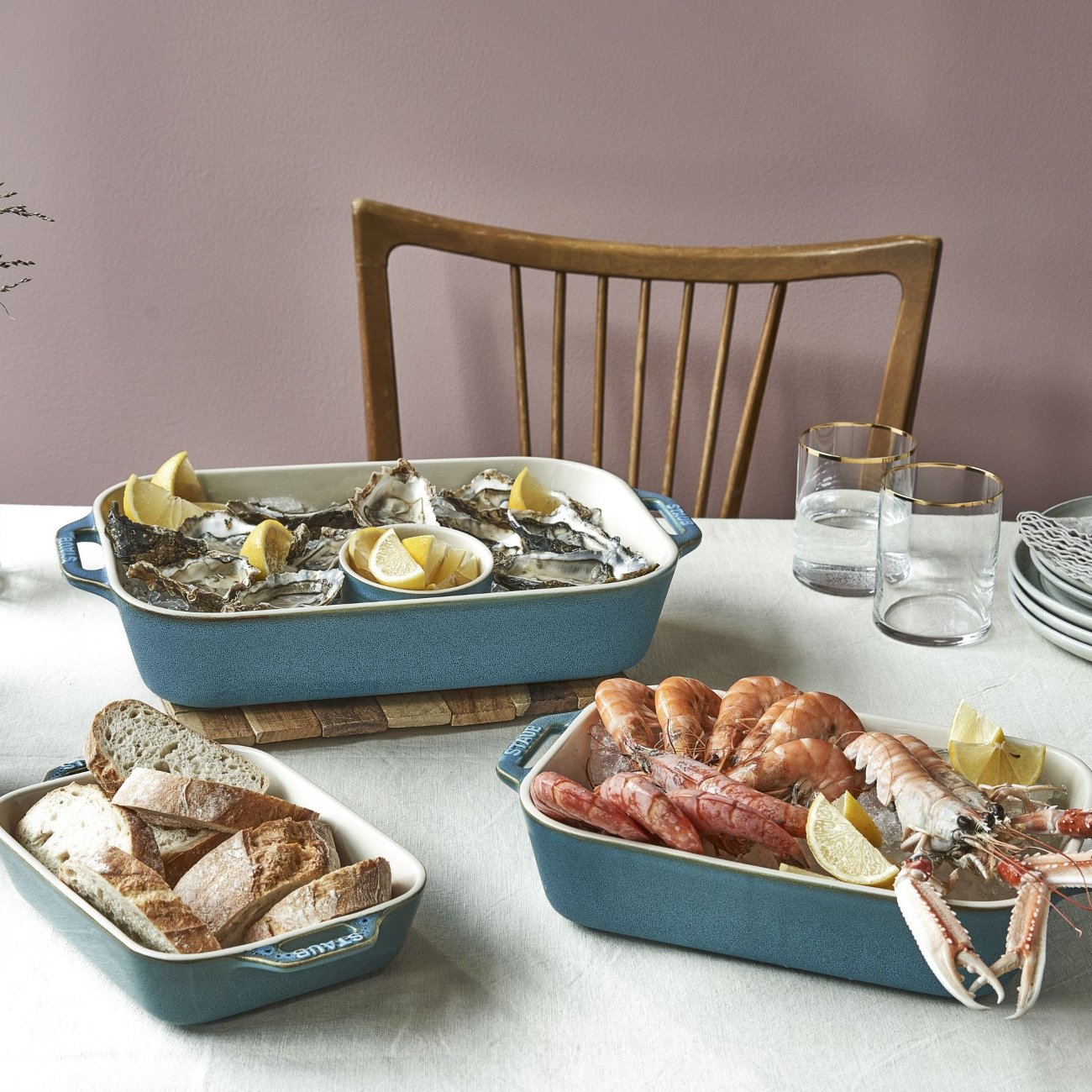 Bakform, set i 3, turkos, keramik, Staub