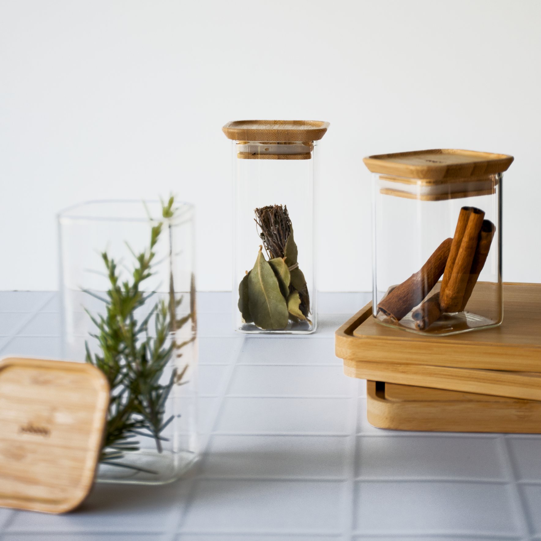 Köksförvaringsburk PKV-047, set i 2 delar, glas / bambu, Pebbly