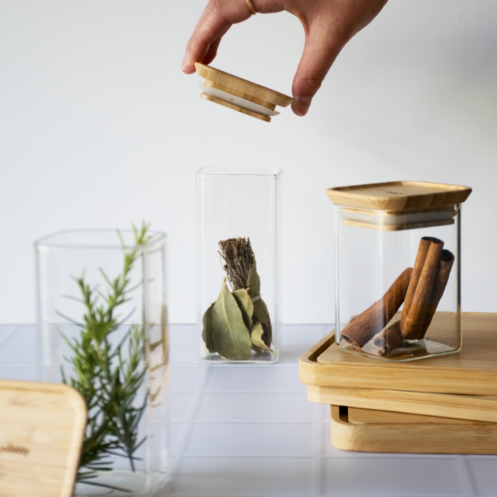 Köksförvaringsburk PKV-047, set i 2 delar, glas / bambu, Pebbly