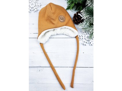 Ušanka s beránkem wafle MUSTARD White