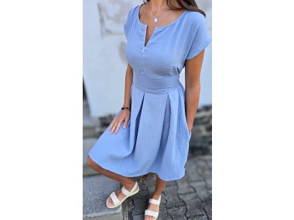 Mušelínové šaty KATE s kapsami POWDER BLUE kojicí