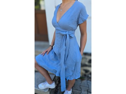 Mušelínové zavinovací šaty s kapsami POWDER BLUE