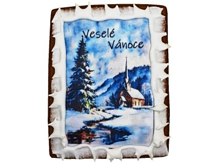 Veselé Vánoce obdelník kostel a strom