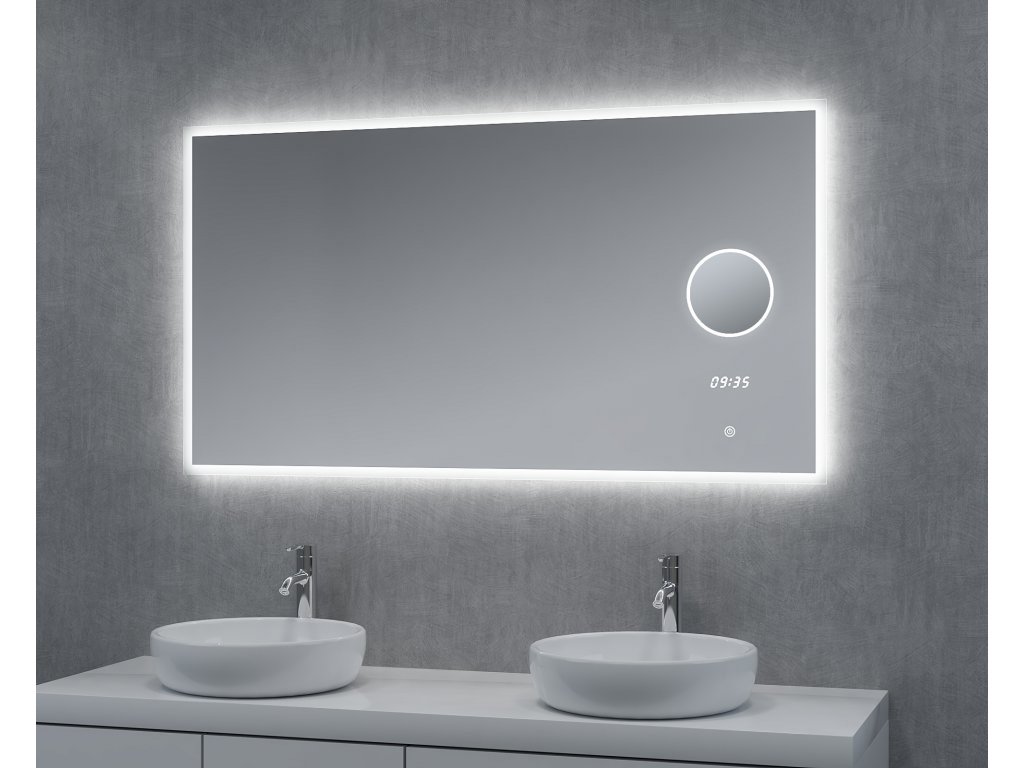 Zrkadlo s LED osvetlením kozmetickým zrkadlom a hodinami, 1400 x 650 mm,  nastaviteľná teplota osvetlenie
