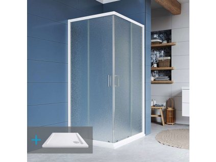 Kora sprchový set: štvorcový kút 90 cm, biely ALU, sklo Grape, vanička, sifón