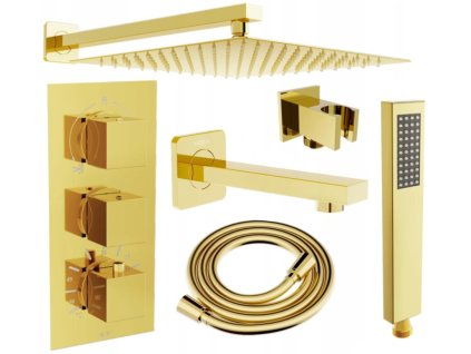MEXEN/S - Cube DR02 podomítkový vanový SET s vytokovou hubicí + slim sprcha 25, zlatý 77503DR0225-50