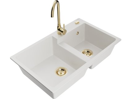 MEXEN/S - Tomas granitový dřez 2-bowl včetně baterie Telma, bílá 6516-20-670200-50