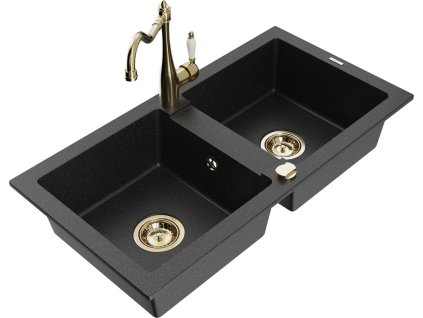 MEXEN/S - Mario granitový dřez 2-bowl včetně baterie Carla, černá/stříbrná metalik 6504-73-670700-50
