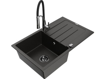 MEXEN/S - Bruno granitový dřez s odkapávačem včetně baterie Aster, černá/zlatá metalik 6513-75-73450-07-B