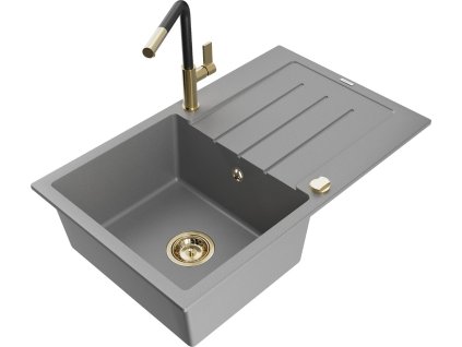 MEXEN/S - Bruno granitový dřez 1 s odkapávačem včetně baterie Flora, šedá 6513-71-670401-57-G