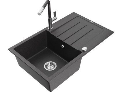 MEXEN/S - Bruno granitový dřez 1 s odkapávačem včetně baterie Flora, černá kropenatá 6513-76-670401-08
