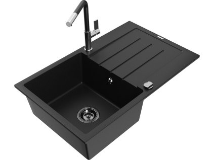 MEXEN/S - Bruno granitový dřez 1 s odkapávačem včetně baterie Flora, černá 6513-77-670401-07-B