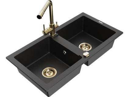 MEXEN/S - Mario granitový dřez 2-bowl včetně baterie Duero, černá/stříbrná metalik 6504-73-671600-50