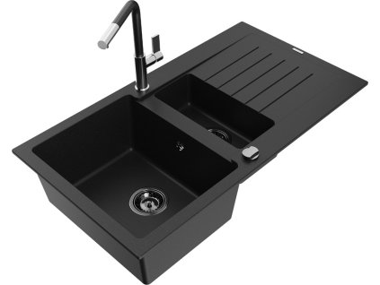 MEXEN/S - Matias granitový dřez 1.5 s odkapávačem včetně baterie Flora, černá  6502-77-670401-07-B