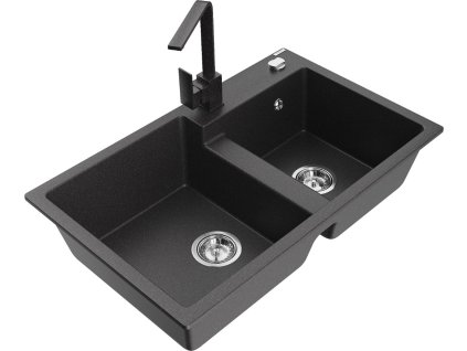 MEXEN/S - Tomas granitový dřez 2-bowl včetně baterie Rita, černá kropenatá 6516-76-670300-76