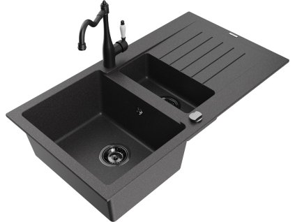 MEXEN/S - Matias granitový dřez 1.5 s odkapávačem včetně baterie Carla, černá kropenatá 6502-76-670700-70-B