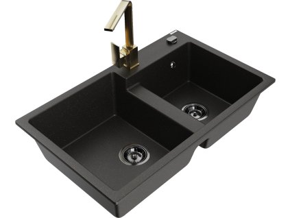 MEXEN/S - Tomas granitový dřez 2-bowl včetně baterie Rita, černá/zlatá metalik 6516-75-670300-50-B