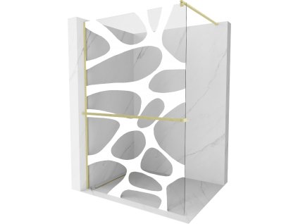 MEXEN/S - Kioto+ Sprchová zástěna WALK-IN s poličkou a držákem ručníků 110 x 200 cm, bílý vzor, zlatá kartáčovaná 800-110-121-55-97