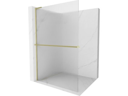 MEXEN/S - Kioto+ L Sprchová zástěna WALK-IN s poličkou a držákem ručníků 90 x 200 cm, proužky, zlatá kartáčovaná 800-090-123-55-09