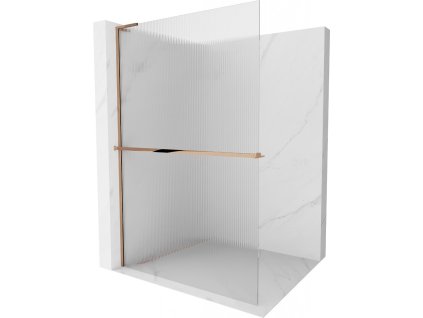 MEXEN/S - Kioto+ L Sprchová zástěna WALK-IN s poličkou a držákem ručníků 90 x 200 cm, proužky, růžové zlato 800-090-123-60-09