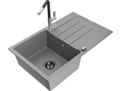 MEXEN/S - Bruno granitový dřez 1 s odkapávačem včetně baterie Flora, šedá 6513-71-670401-07-B
