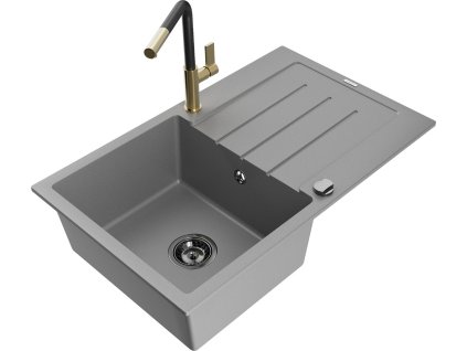 MEXEN/S - Bruno granitový dřez 1 s odkapávačem včetně baterie Flora, šedá 6513-71-670401-57-B