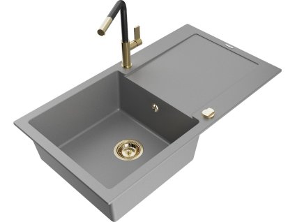 MEXEN/S - Leo granitový dřez 1 s odkapávačem včetně baterie Flora, šedá 6501-71-670401-57-G