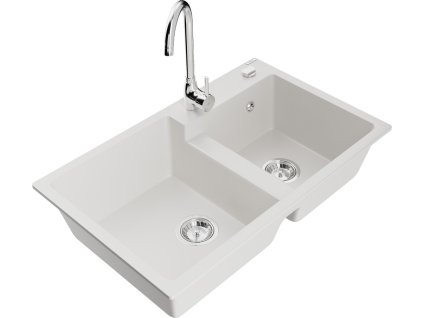 MEXEN/S - Tomas granitový dřez 2-bowl včetně baterie Telma, bílá 6516-20-670200-00