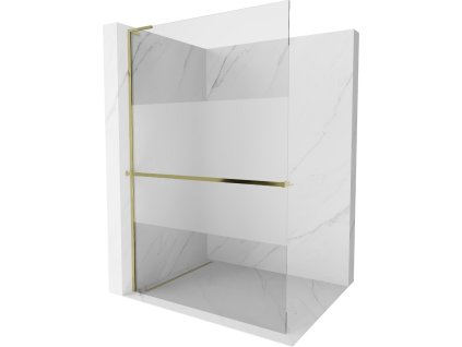 MEXEN/S - Kioto+ L Sprchová zástěna WALK-IN s poličkou a držákem ručníků 90 x 200 cm, transparent/dekor, zlatá 800-090-123-50-35