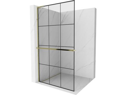MEXEN/S - Kioto+ L Sprchová zástěna WALK-IN s poličkou a držákem ručníků 100 x 200 cm, černý vzor, zlatá 800-100-123-50-77