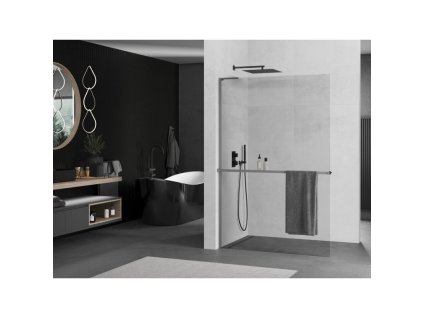 MEXEN/S - Kioto+ L Sprchová zástěna WALK-IN s poličkou a držákem ručníků 90 x 200 cm, transparent, grafit metal 800-090-123-95-00