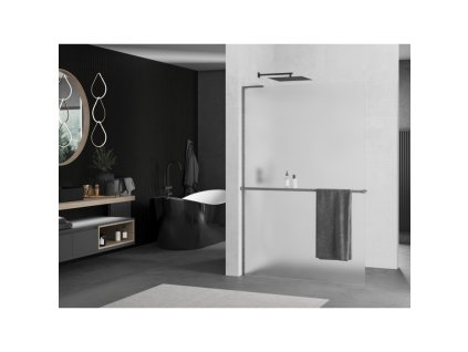 MEXEN/S - Kioto+ L Sprchová zástěna WALK-IN s poličkou a držákem ručníků 100 x 200 cm, dekor, grafit kartáčovaná 800-100-123-66-30