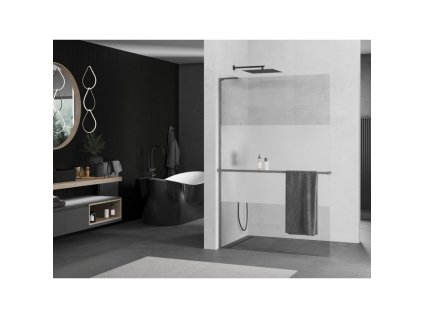 MEXEN/S - Kioto+ L Sprchová zástěna WALK-IN s poličkou a držákem ručníků 100 x 200 cm, transparent/dekor, grafit kartáčovaná 800-100-123-66-35