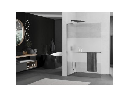 MEXEN/S - Kioto+ L Sprchová zástěna WALK-IN s poličkou a držákem ručníků 100 x 200 cm, transparent/dekor, grafit metal 800-100-123-95-35