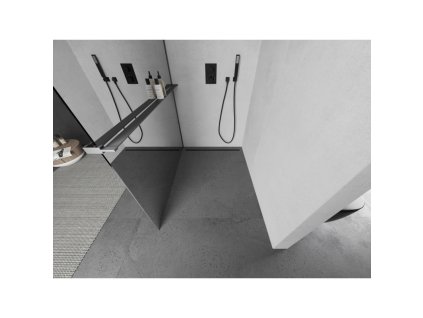 MEXEN/S - Kioto+ L Sprchová zástěna WALK-IN s poličkou a držákem ručníků 120 x 200 cm, zrcadlové, grafit metal 800-120-123-95-50