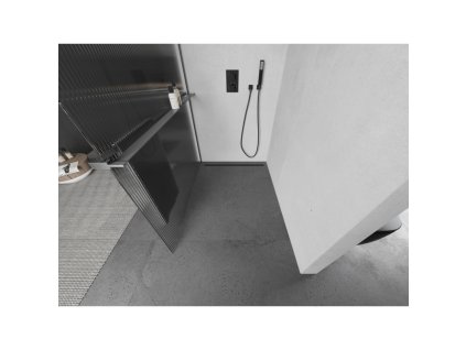 MEXEN/S - Kioto+ L Sprchová zástěna WALK-IN s poličkou a držákem ručníků 70 x 200 cm, proužky, grafit kartáčovaná 800-070-123-66-09
