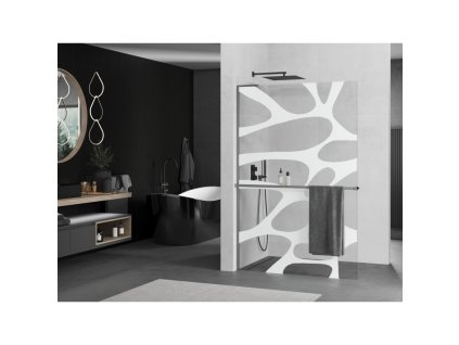 MEXEN/S - Kioto+ L Sprchová zástěna WALK-IN s poličkou a držákem ručníků 70 x 200 cm, bílý vzor, grafit metal 800-070-123-95-97